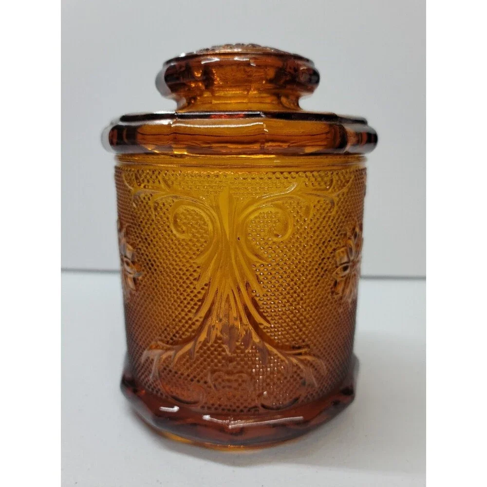 Tiara Indiana Sandwich Glass Amber Canister with Lid Medium Vintage